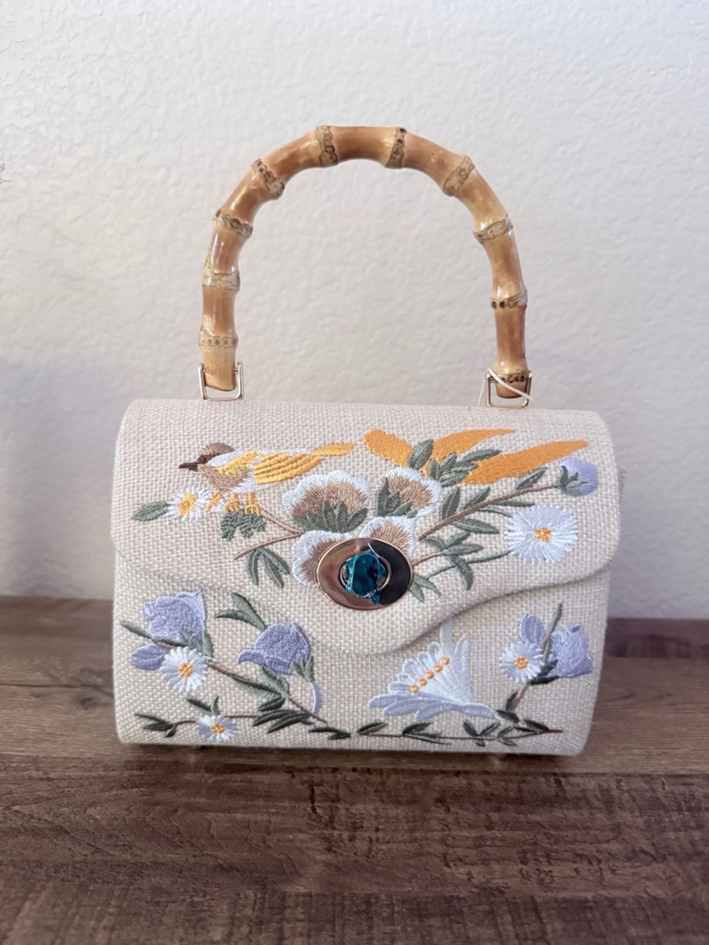 Tommy Bahama Bird Embroidered Bamboo-Handle Top-Handle Bag Garden Canvas